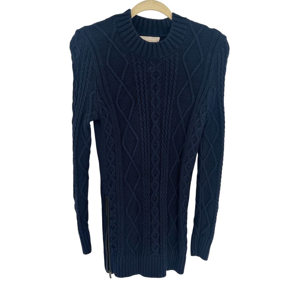 Banana Republic Sweater Dress XS Blue Cable Knit Faux Leather Zip Accent Mini